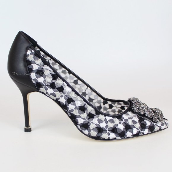NEW MANOLO BLAHNIK Hangisi Mid-Heel Satin & Lace Pumps - Picture 7 of 13